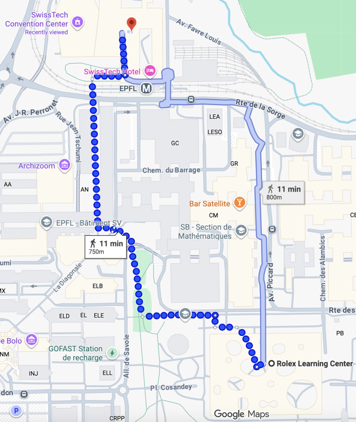 Route on a city map