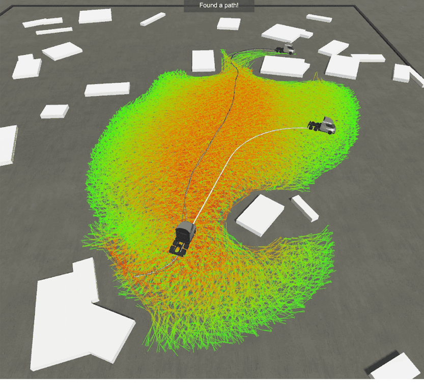 A car-like vehicle exploring a parking area with a dense fan of kinematically feasible trajectories.