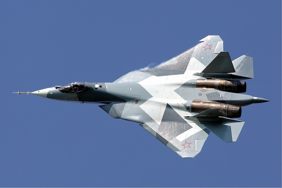 A modern fighter Jet the Sukhoi Su-57 of the Russian Air Force. Photograph taken by Maxim Maksimov.