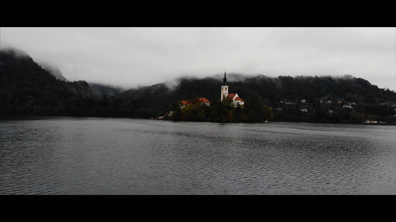 Cinematic drone shot of lake bled in Slovenia.